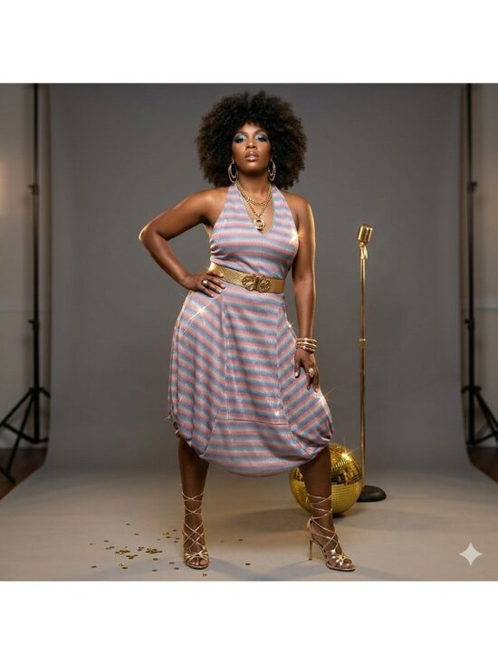 Samuel Dong Size M/L Striped Halter Midi Dress Handkerchief Hem & Metallic Sheen - Picture 4 of 15